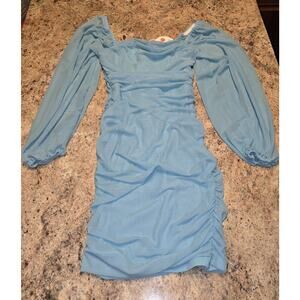 Baby Blue Long balloon sleeve ruched mini bodycon dress Small NWT‎